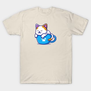 Cute Cat Sleeping On Cup Coffee Cartoon T-Shirt